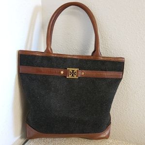 Tory Burch Gray Wool Brown Leather Bag